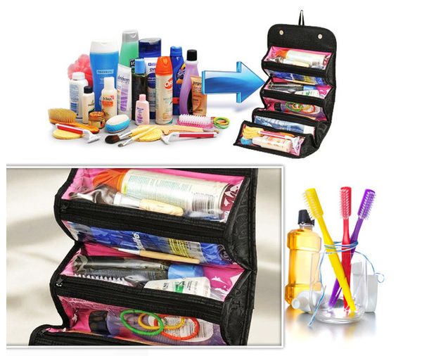 

newly item roll-n-go cosmetic bag rolls up for easy travel makeup items storage bag with 4 separated grids 2 colors