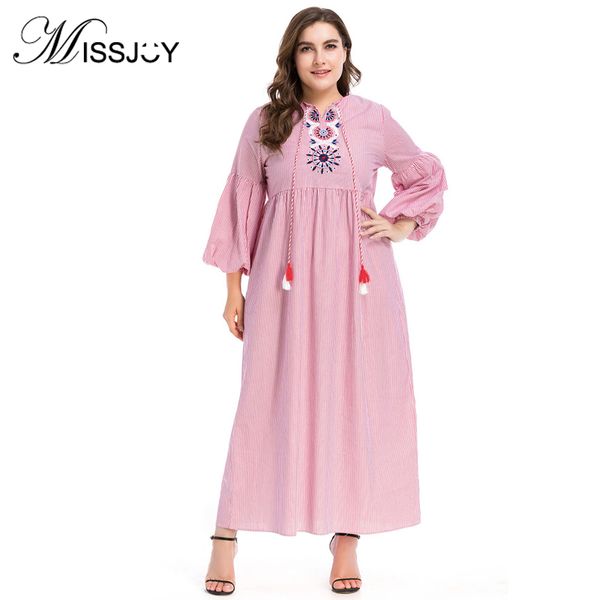 

missjoy 2018 autumn women long sleeve loose dubai muslim fashion casual embroidery bohemian folk elbise red stripe long maxi, Black;gray