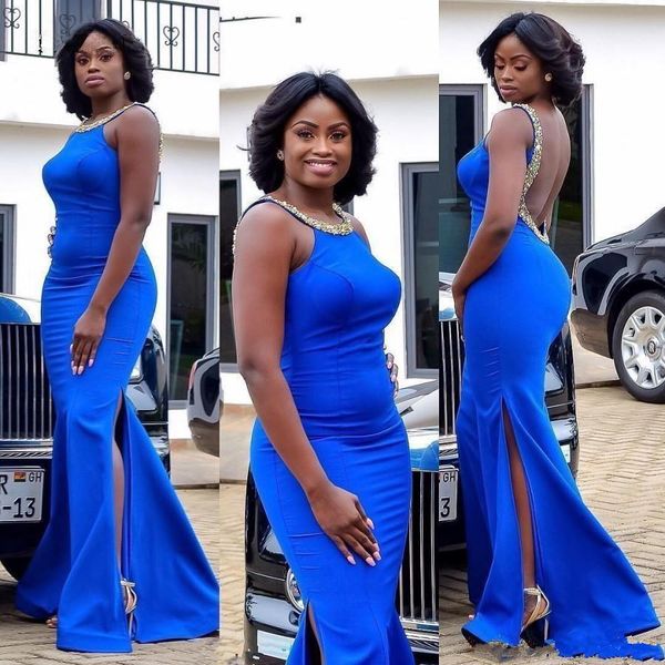 

2019 Sexy Backless Royal Blue Prom Dresses Mermaid Long Beaded Side Split Formal Evening Party Wear Satin Sexy Mermaid Vestidos De Soiree