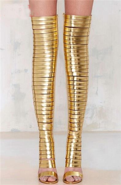 Gold Patent Over-Knee Gladiator Boots - Super High Heel, Cut-out Design for Women's Dress Shoes