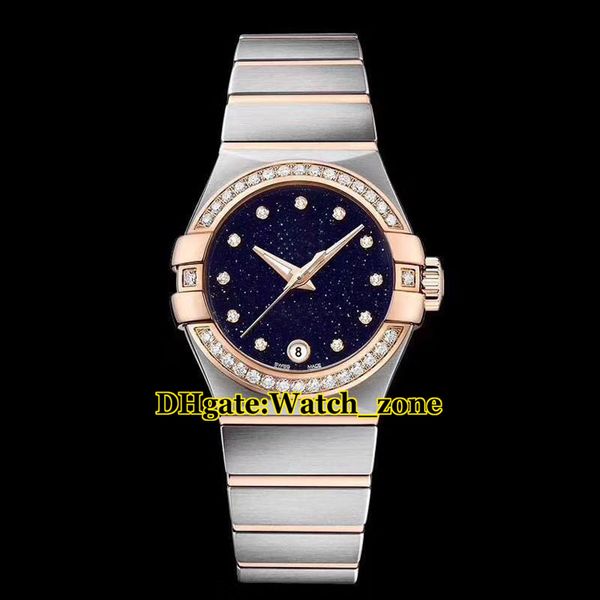 27mm Sonho Azul Céu Estrelado Dial Relógio De Quartzo Suíço Das Mulheres Bezel Diamante Dois Tons de Ouro Rosa de Aço Inoxidável Banda Moda Senhora Relógios