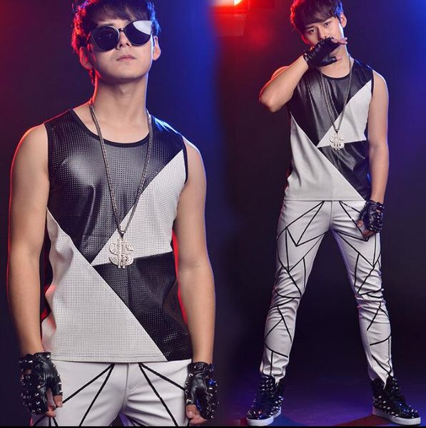 

2018 summer style personality slim male sleeveless vest men splice vests punk rock chalecos singer dance stage star fashion, White;black