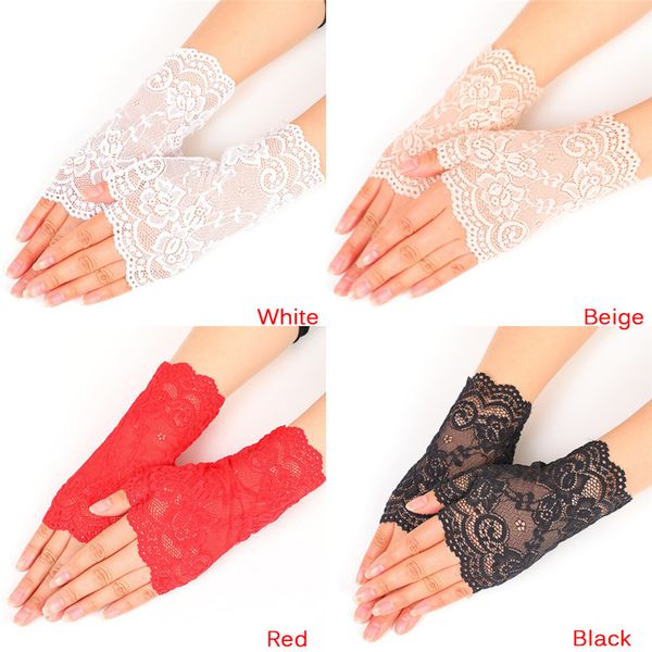 

women driving rose flower pattern fingerless sun gloves female half finger sunscreen short lace gloves, Blue;gray
