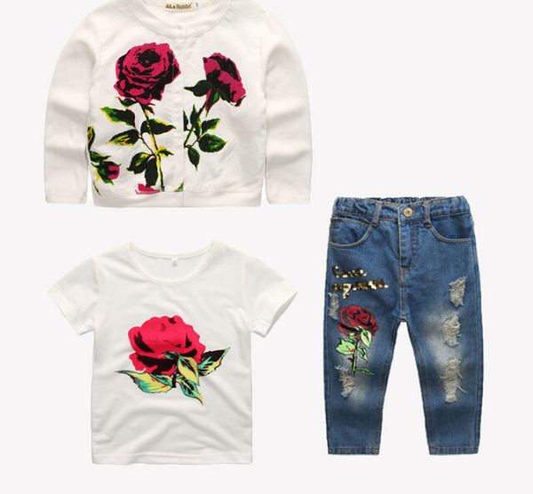 

AiLe Rabbit Autumn Newest Girls Clothes Suit Jacket +T shirt + Jeans 3 Pcs Set Fashion Rose Cardigan Tops Sequin Kids Coat