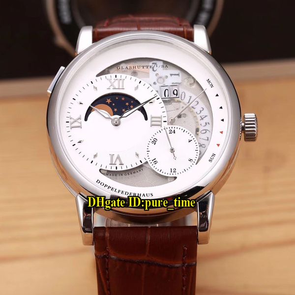 

new grand lange1 moon phase "lumen" 139.035f big date white dial automatic mens watch glashutte 316l steel case leather strap gent, Slivery;brown