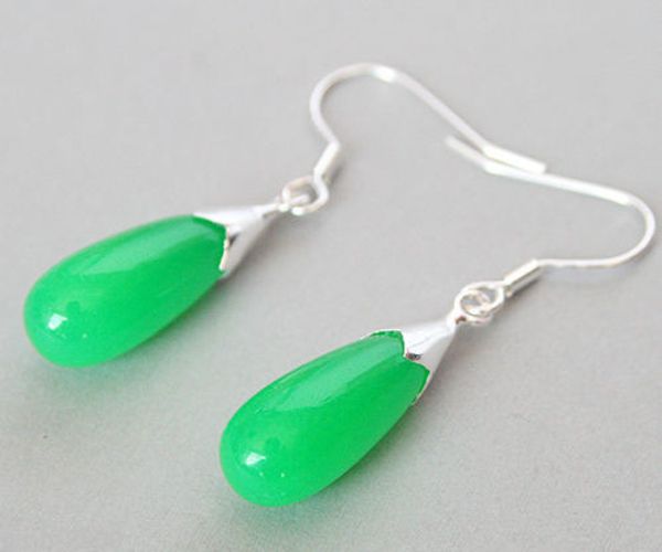 

silver hook green natural stone teardrop eardrop earrings 1 1/2, Golden;silver