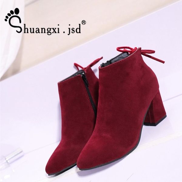 

shuangxi.jsd 2018 autumn korean women shoes high heel ankle boots fine with pointed matte leather wild comfortable short boots, Black