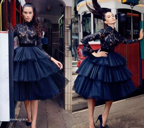

2018 navy blue lace tea length cocktail dresses high neck long sleeves holiday club homecoming party gown arabic gothic, Black