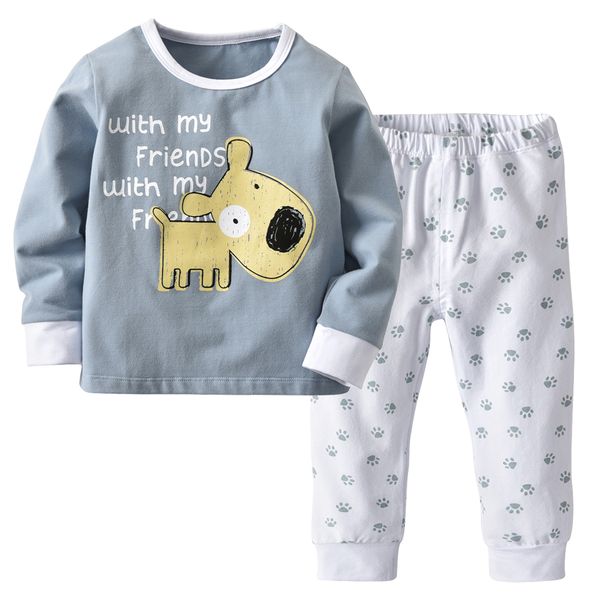 

new children's home service small children's sleepy sanding cotton christmas set grey printed nightwear two-piece e16, Blue;red