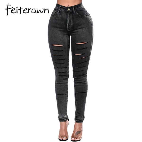 

feiterawn faded denim wash leg ripped hole skinny jeans autumn women solid color stretch pencial pants with pockets dl786018, Blue