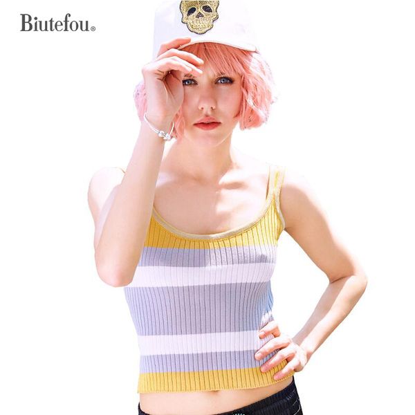 

2018 summer fashion tanks women fashion striped knied short slim tank, White