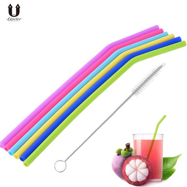 

uarter 6pcs silicone reusable drinking straws -grade straws colorful drinking straw sets with cleaning brush
