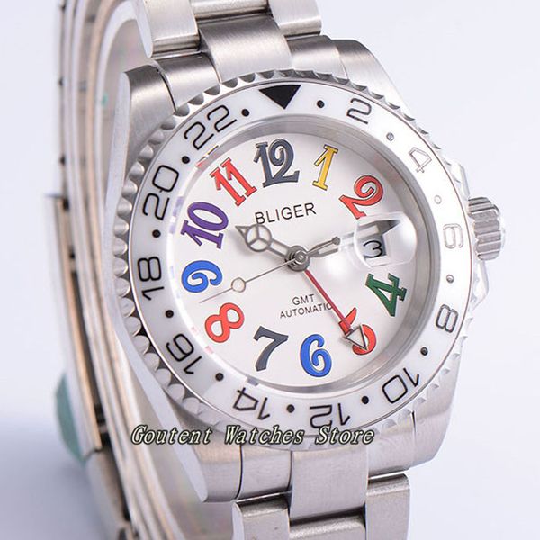 

40mm bliger date ss. case ceramic bezel gmt luminous sapphire glss automatic men's watch, Slivery;brown