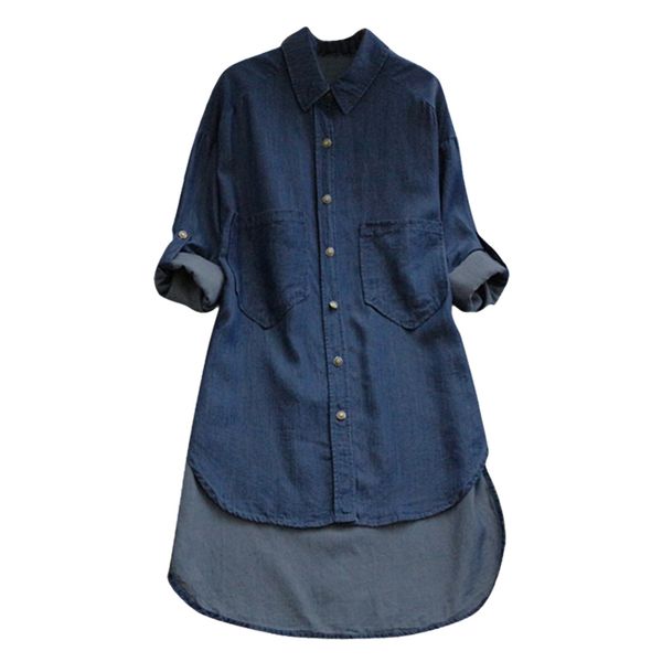

solid style women ladies denim long buttons sleeve down loose shirt pockets casual lapel neck nest asymmetric long shirt plus size nglp