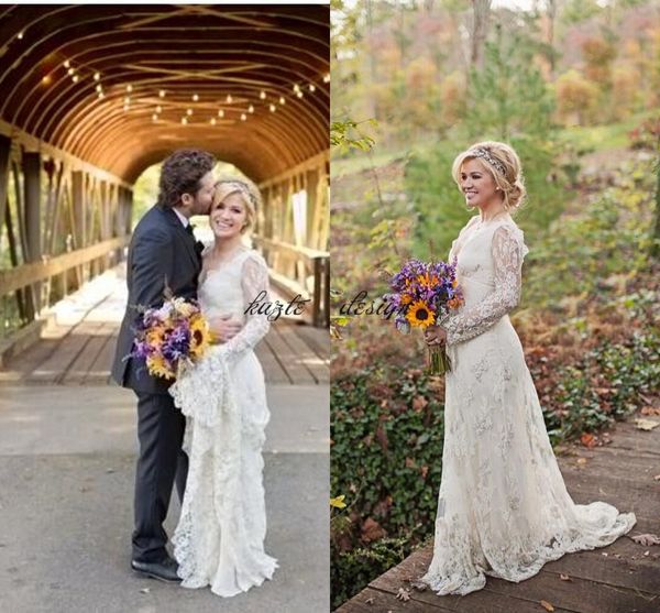 

kelly clarkson country wedding dresses 2018 modest spring long sleeves beaded lace boho wedding dresses plus size bridal gowns, White