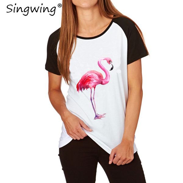 

singwing flamingo women t-shirts o-neck shorts sleever summer shirts loose t-shirt flamingos print tee, White