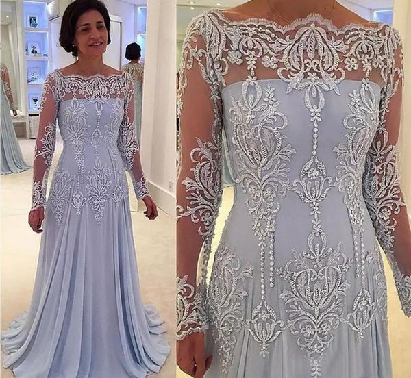 Squisito 2017 popolare chiffon lilla madre della sposa abiti elegante illusione manica lunga ricamo perline madre abito formale EN12275