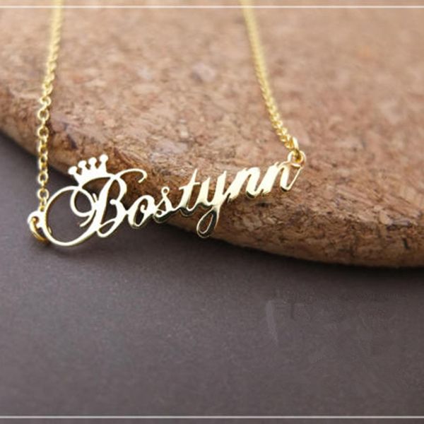 

stainless steel personalized name crown necklace jewelry rose gold silver color customized cursive font choker necklace women