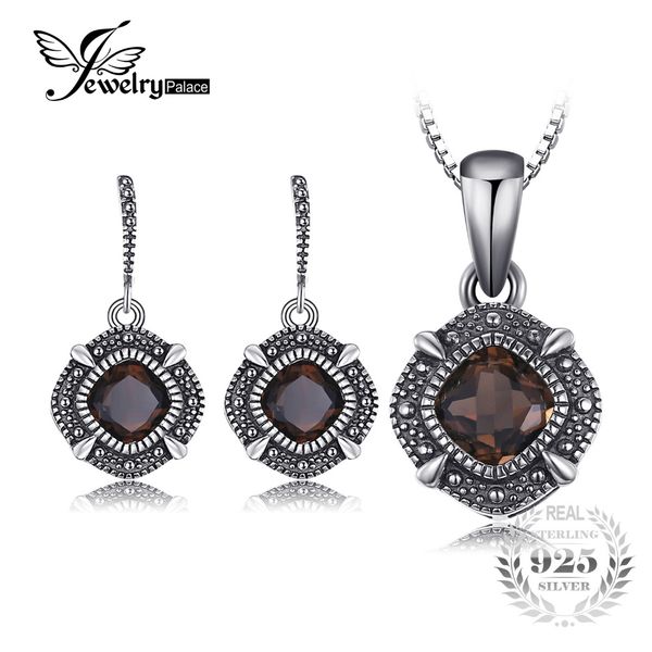 

jewelrypalace vintage 1.4ct genuine smoky quartz dangle earrings pendant necklace ring jewelry sets 925 sterling silver, Black