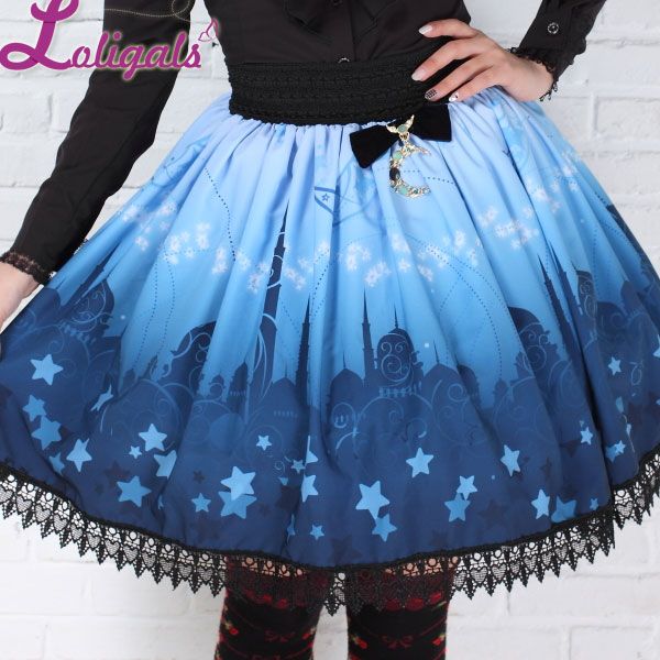

sweet princess blue moonlight castle printed pleated lolita a line skirt with lace trim and bow, Black