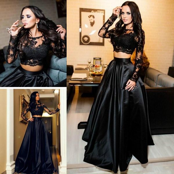 

two pieces arabic evening dresses ball lace long sleeve black plus size 2018 saudi african prom party women gowns formal wear, Black;red