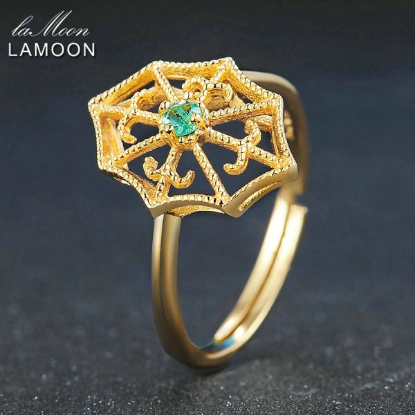 

lamoon ring for women green crystal spider web round cut emerald 925 sterling silver adjustable ring fine jewelry lmri050, Golden;silver