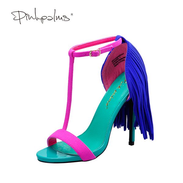 

pink palms 2017 women summer shoes fringe high heel fuchsia color t ankle strap dress party ol sandals, Black