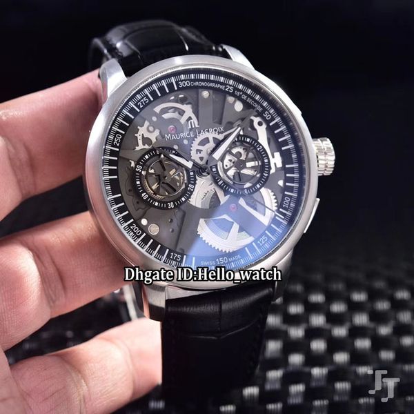 Бренд 45 мм Maurice Lacroix Masterpiece MP7128-SS001-000 Скелет с черным циферблатом Кварцевый хронограф Мужские часы Серебряный кожаный чехол Stra2509