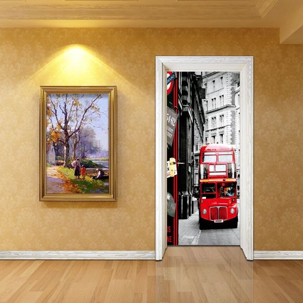 Creative Street Lamp Red Buses 3d Door Sticker Pvc Wallpaper Wall