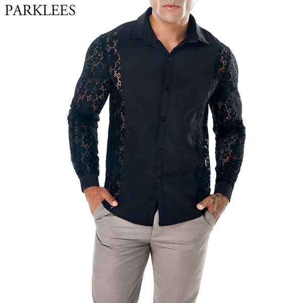 

black lace shirt men 2018 luxury floral embroidery mens dress shirts brand slim fit prom marriage event shirt chesmie homme, White;black