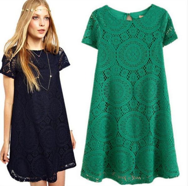 

short sleeve lace dress summer spot large size women loose short new a word bottoming skirts, Black;gray