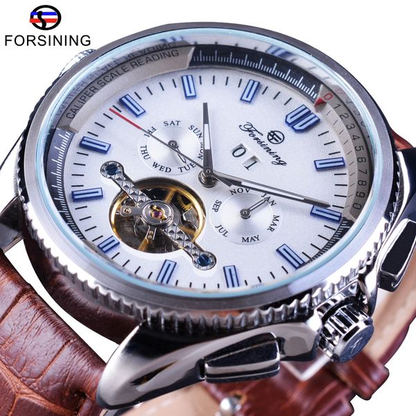 

forsining navigator series brown leather tourbillion watch blue dial calendar display men automatic watch clock, Slivery;brown