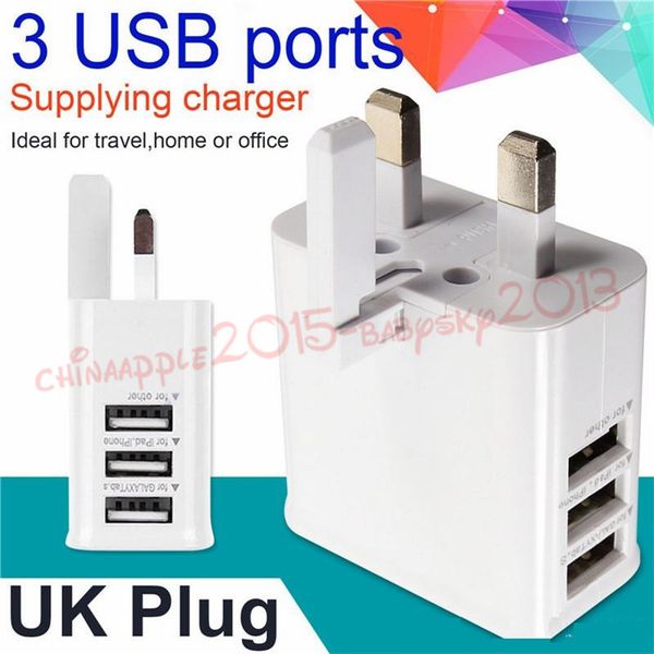 

100pcs white color 3pin uk gb 3 usb ports 3a ac home travel wall charger adapter for iphone 6 7 plus for samsung htc lg pc