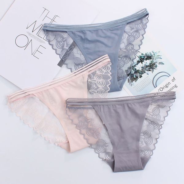

simple style ice silk seamless women panties lace hollow lady underwear transparent temptation low waist calcinha lingerie, Black;pink