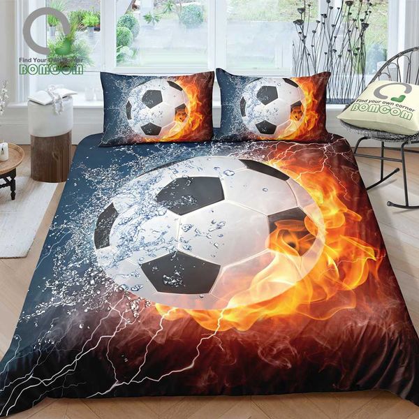 

bomcom 3d digital printing football bedding set soccer ball on fire & water duvet cover sets 100% microfiber dark blue