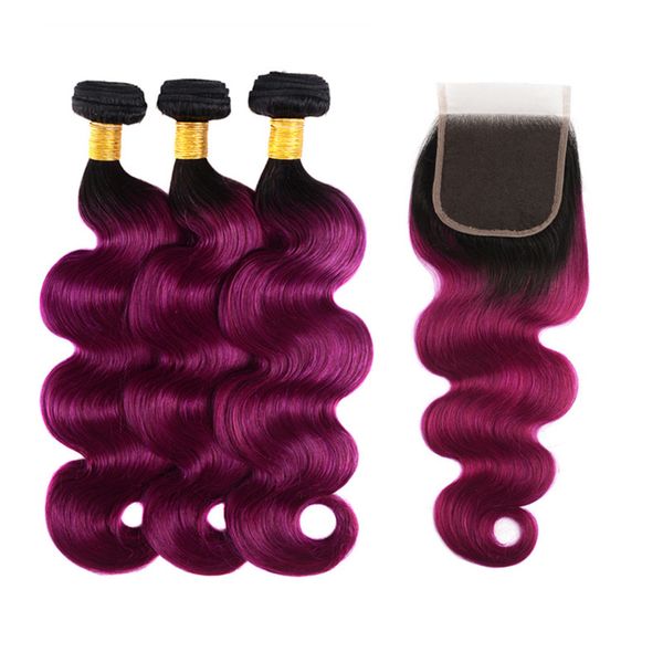 

virgin brazilian hair bundles ombre human hair weaves with lace closure 1b&purple body wave straight ombre human hair extensions, Black