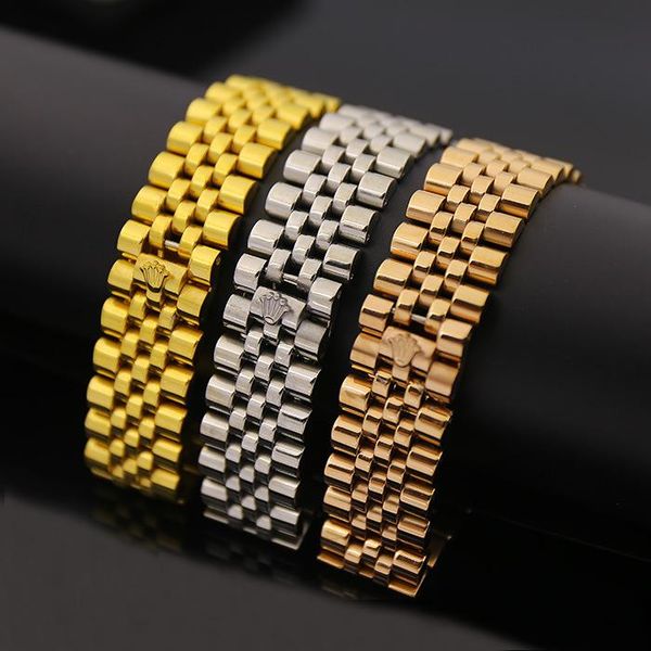 

wide watch chain imperial crown bracelets bangles 316l stainless steel 18k yellow rose gold plated luxury designer fashion jewelry kka1844, Golden;silver