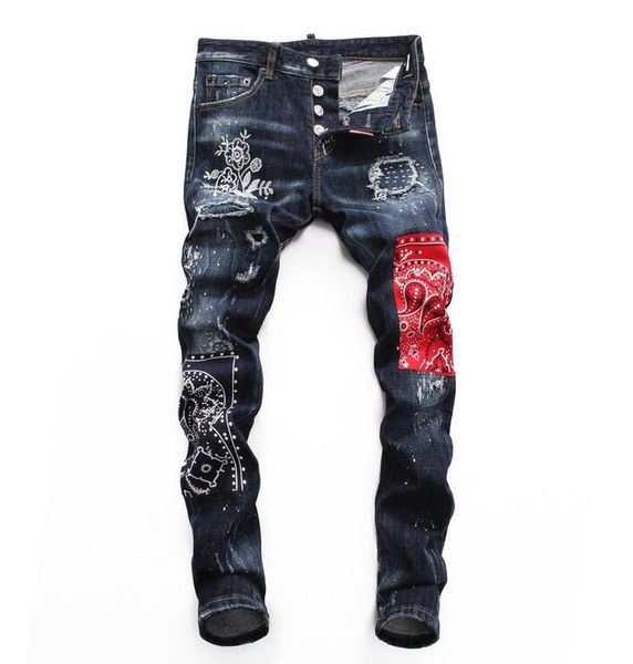 

mens patchwork slim fit punk jeans fashion designer painted patch jeans biker washed denim pants 08029, Blue