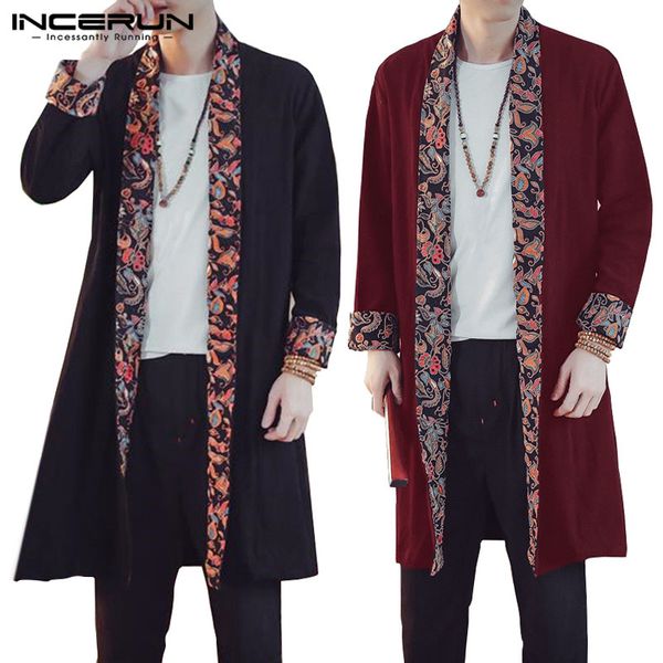 

incerun 2018 trench coat men cotton long sleeve floral patchwork outwear chinese style casual windbreaker men cloak cardigan 5xl, Tan;black