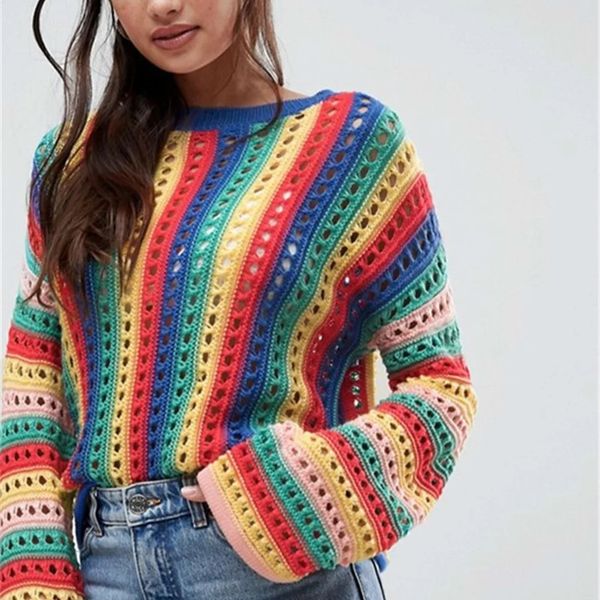 

colorful striped women knitwear 2018 autumn hollow out high street oversized women knitted pullover streetwear sweater cws0082-5, White;black