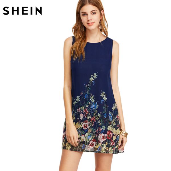 

wholesale-shein womens dresses new arrival 2017 navy buttoned keyhole back flower print scoop neck sleeveless a line dress, White;black