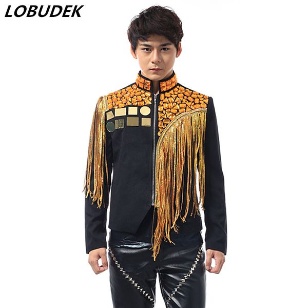 

gold rhinestones tassels jacket coat male costume nightclub tide punk singer stage outfit bar musical concert rock show jackets, Black;brown
