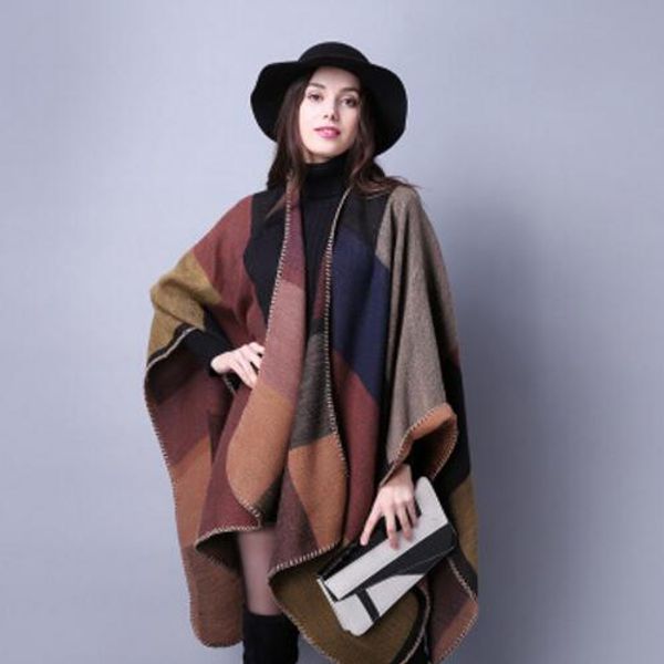 

autumn winter scarf cantilever lady travel cape imitation cashmere european and american foreign trade nationality wind fork thickening cape, Blue;gray