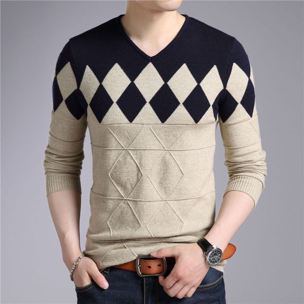 

men's cashmere wool pullover 2018 autumn and winter diamond pattern v-neck long-sleeved sweater slim christmas, White;black