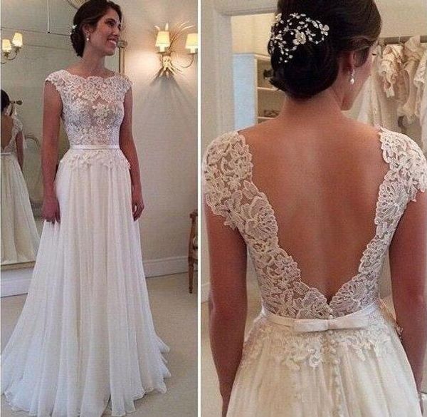 

Simple 2017 Beach Wedding Dress Lace Top Cap Sleeves See Through Neck V Back Covered Button A Line Bridal Gown Bridesmaid Dress