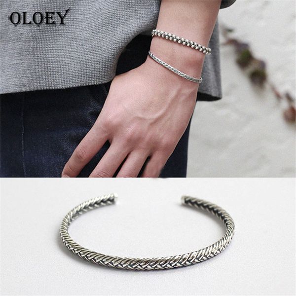 

oloey authentic 100% 925 sterling silver braided rope design open bangles for women korean trendy creative fine jewelry ymb045, Golden;silver