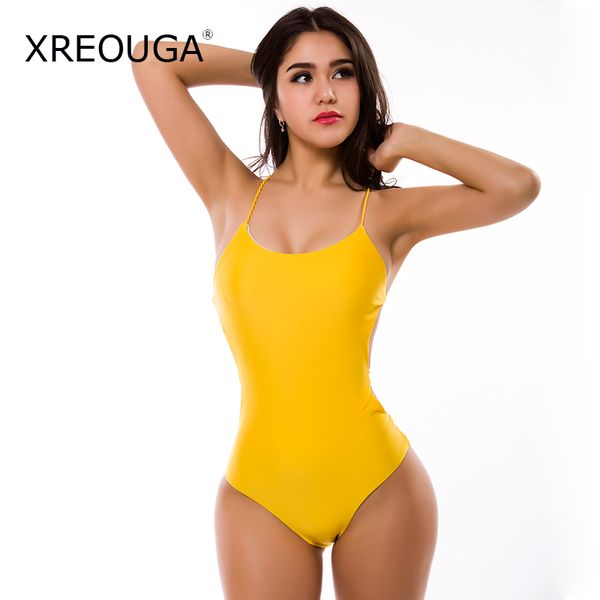 

yellow backless one piece swimsuit lady bandage string maillot de bain solid padded lady brazilian push up bkyx14, White;black