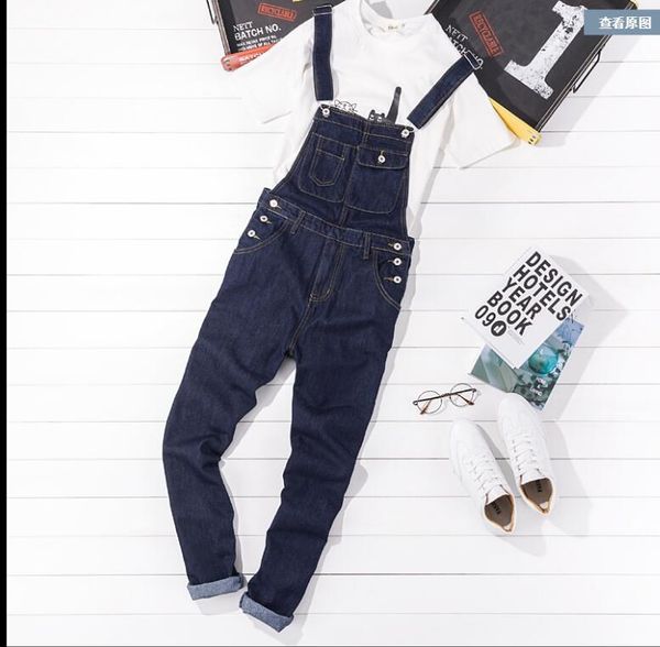 

european and american men's trend korean version of the british feet suspenders jeans slim tool piece denim trousers plus size, Blue