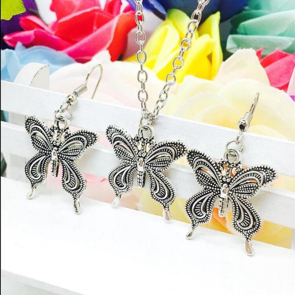 

2018 новый горячий продавать античный серебряный бабочка очарование кулон ожерелье серьги набор мода творческий женщины ювелирные изделия ак, Silver