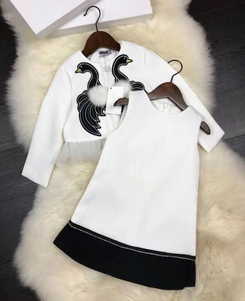 

2 piece Baby Girls set 2018 Spring Embroidery cygnus suit Children luxury brand white Princess Dress coat+vest dress Kids Clothes